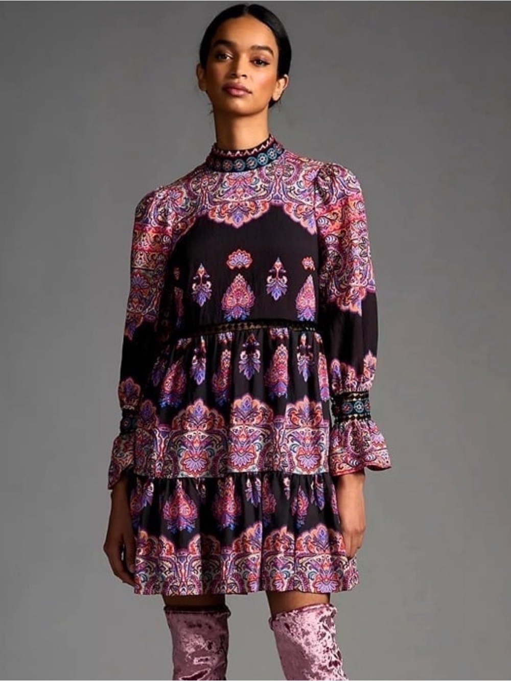 Anthropologie Mixed Printed Boho Mini Dress Size 0 Beaded